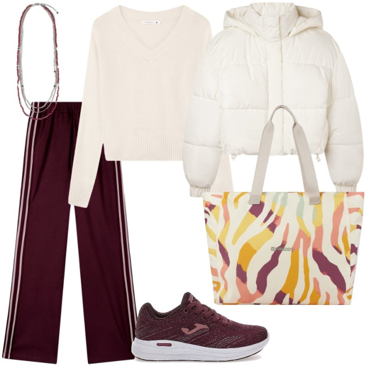 Outfit donna - Time for relax. Stile Sporty chic per Tutti i giorni. Abbinamento con maglieria, pantaloni sportivi, bomber, shopping bag, sneakers, collane.