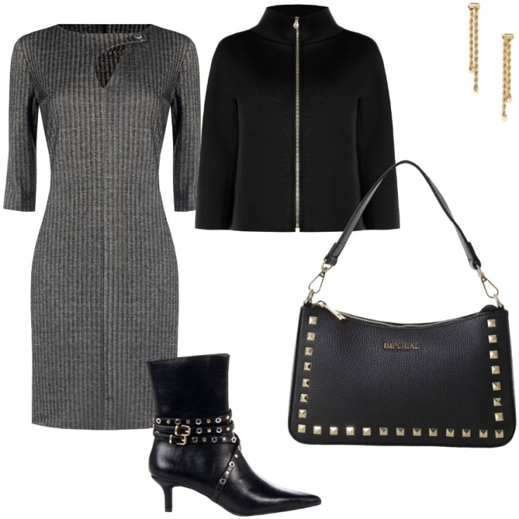 Outfit donna - Cena di compleanno. Stile Chic per Serata fuori. Abbinamento con vestiti midi/longuette, cappe, stivaletti, pochette, orecchini.