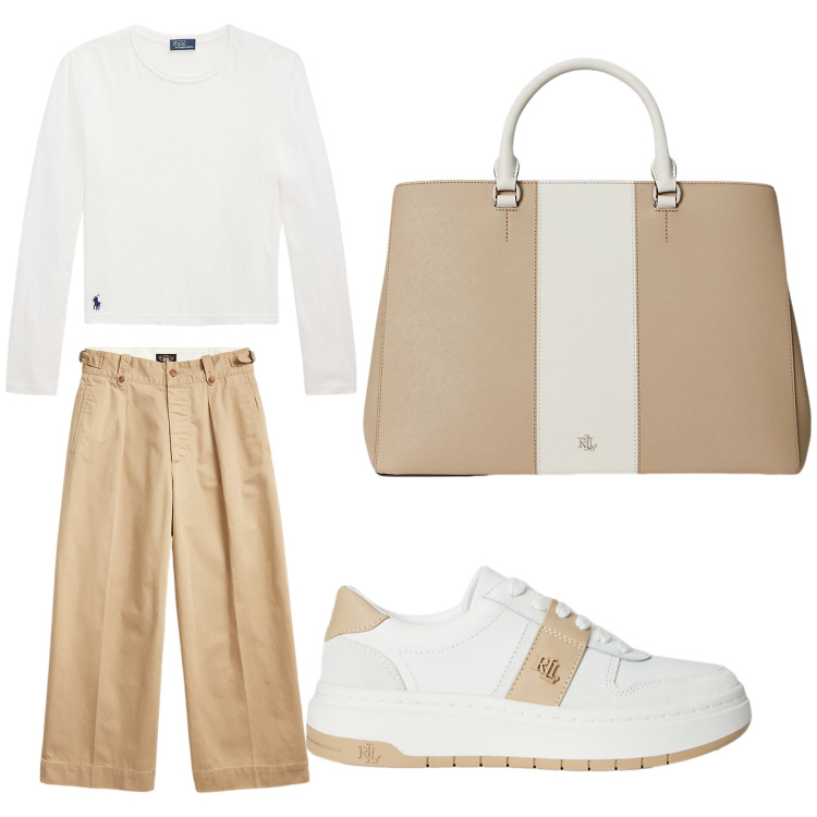 Outfit donna - Aperitivo. Stile Trendy per Tutti i giorni. Abbinamento con sneakers, pantaloni, t-shirt, borse a mano.