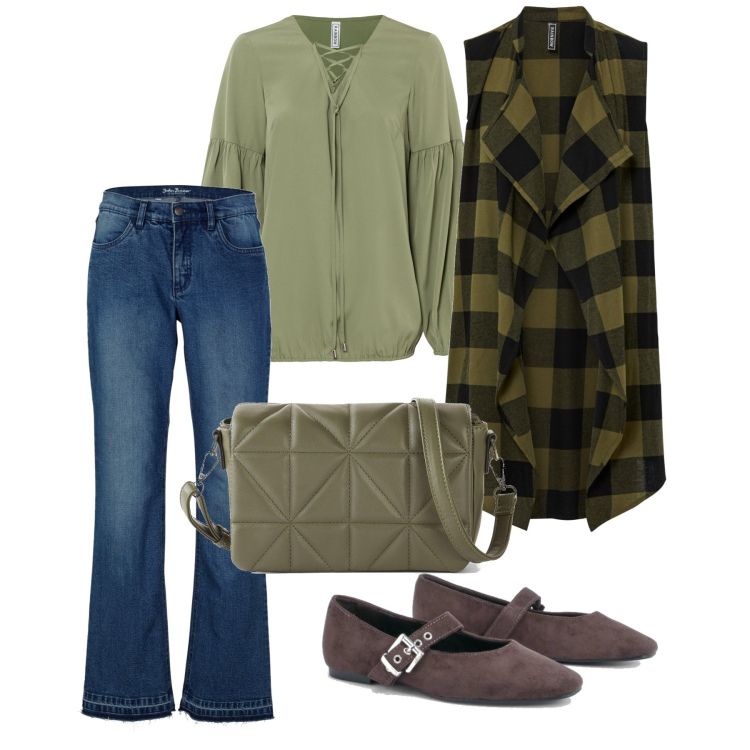 Outfit femme - Octobre. Style Casual chic pour Tous les jours. Assortir avec gilets sans manche, tuniques, jean coupe droite, sacs en bandoulière, ballerines.
