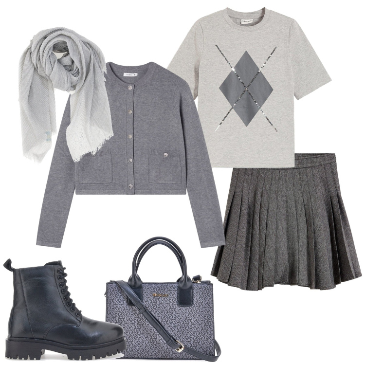 Outfit donna - Autunno scolastico. Stile Casual per Scuola/Università. Abbinamento con t-shirt, minigonne, cardigans, anfibi, borse a tracolla, foulard.