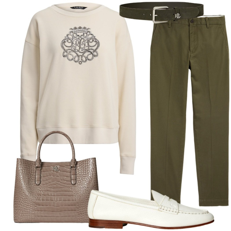 Outfit donna - Total look #2258423. Stile Mannish per Ufficio. Abbinamento con pantaloni chino, pullovers, mocassini, borse a mano, cinture.