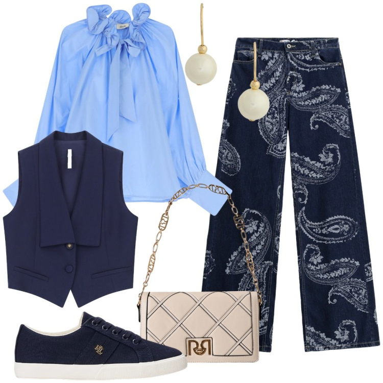 Outfit donna - In ufficio. Stile Casual chic per Ufficio. Abbinamento con jeans, borse a tracolla, gilet, camicie, sneakers, orecchini.