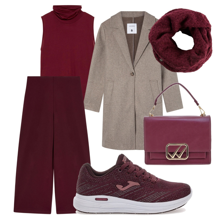 Outfit donna - Bordeaux che passione. Stile Casual per Serata fuori. Abbinamento con top, foulard, pantaloni culotte, cappotti, borse a tracolla, sneakers.