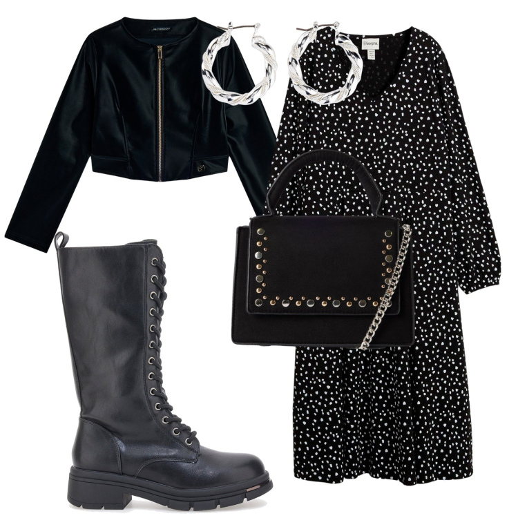 Outfit donna - Comoda e trendy. Stile Trendy Abbinamento con orecchini, vestiti midi/longuette, borse a tracolla, blazer, anfibi.