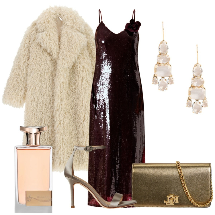Outfit donna - Testimone di nozze. Stile Chic per Cerimonia. Abbinamento con profumi, vestiti midi/longuette, cappotti, sandali col tacco, orecchini, borse a mano.