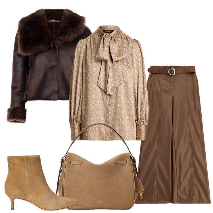 Outfit donna - Toni di marrone. Stile Basic per Serata fuori. Abbinamento con giacche, pantaloni, stivaletti, borse a mano, camicie.