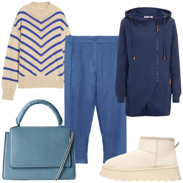 Outfit donna - Maglioni avvolgenti per un caldo autunno. Stile Trendy per Tutti i giorni. Abbinamento con blazer, maglieria, borse a tracolla, stivaletti, pantaloni.