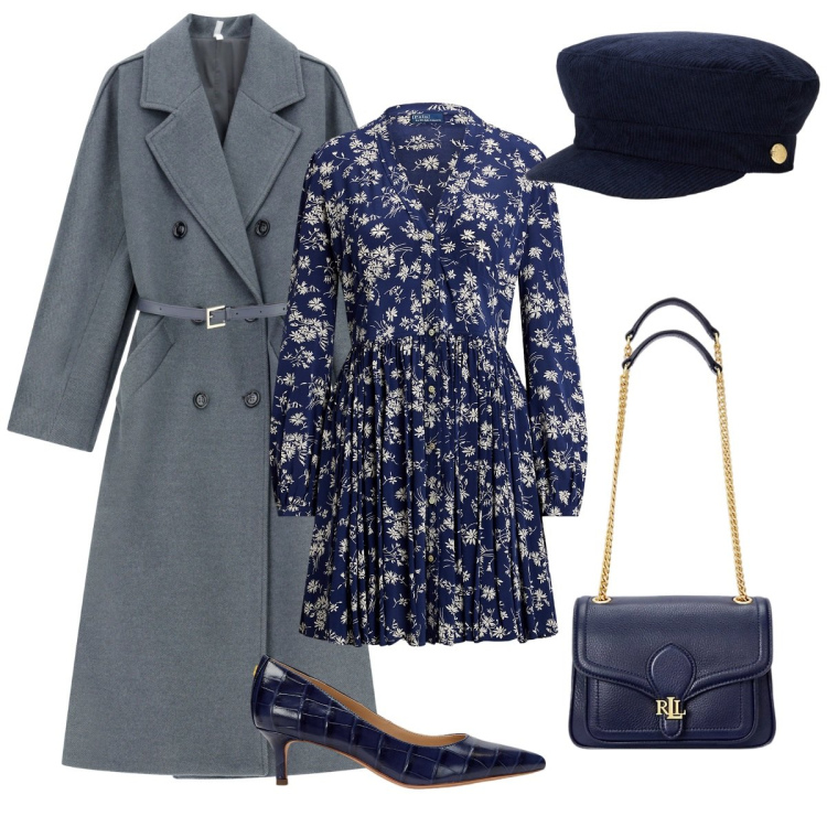 Outfit donna - Blu Mood & Fiori d’Autunno. Stile Chic per Serata fuori. Abbinamento con cappotti, décolleté, vestiti, borse a spalla, berretti.