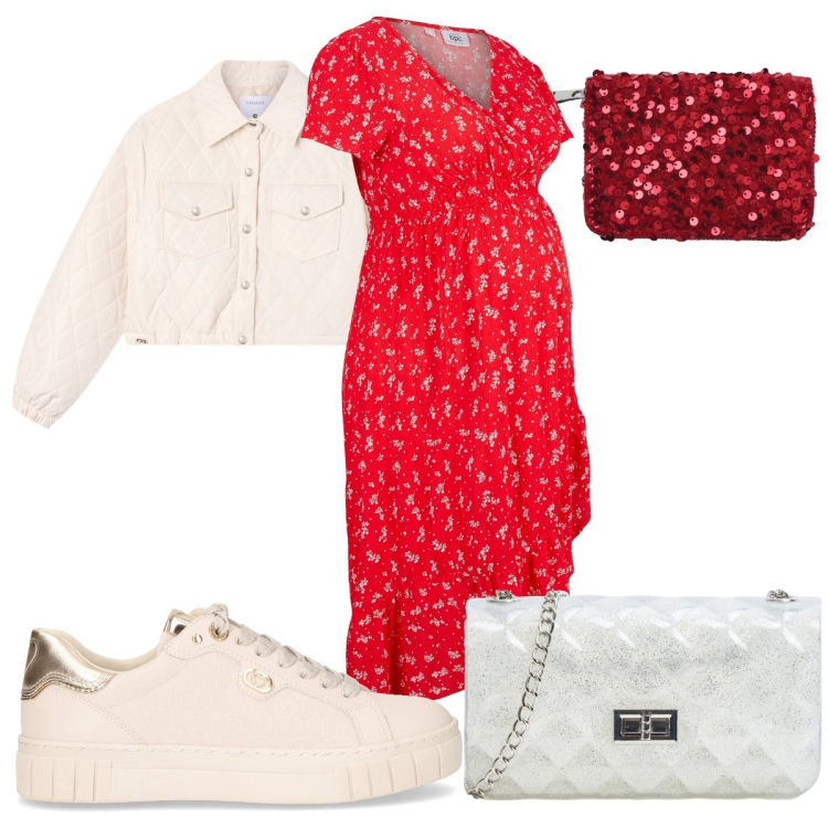 Outfit donna - Autunno in rosso: futura mamma trendy. Stile Trendy per Tutti i giorni. look ideale per Premaman. Abbinamento con vestiti asimmetrici, giacche, borse a tracolla, portafogli, sneakers.