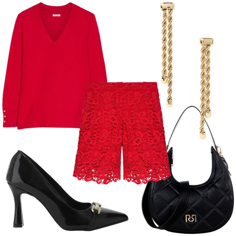 Outfit donna - Autunno in rosso alla moda. Stile Trendy per Tutti i giorni. Abbinamento con borse a tracolla, décolleté, orecchini, pantaloni corti, maglieria.