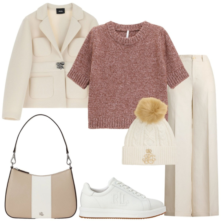 Outfit donna - Eleganza in Pastello. Stile Chic per Ufficio. Abbinamento con maglieria, blazer, sneakers, borse a spalla, pantaloni, berretti.