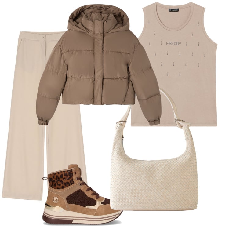 Outfit donna - Sabbia sognando il mare. Stile Casual chic per Tutti i giorni. Abbinamento con shopping bag, bomber, canottiere, pantaloni, sneakers alte.