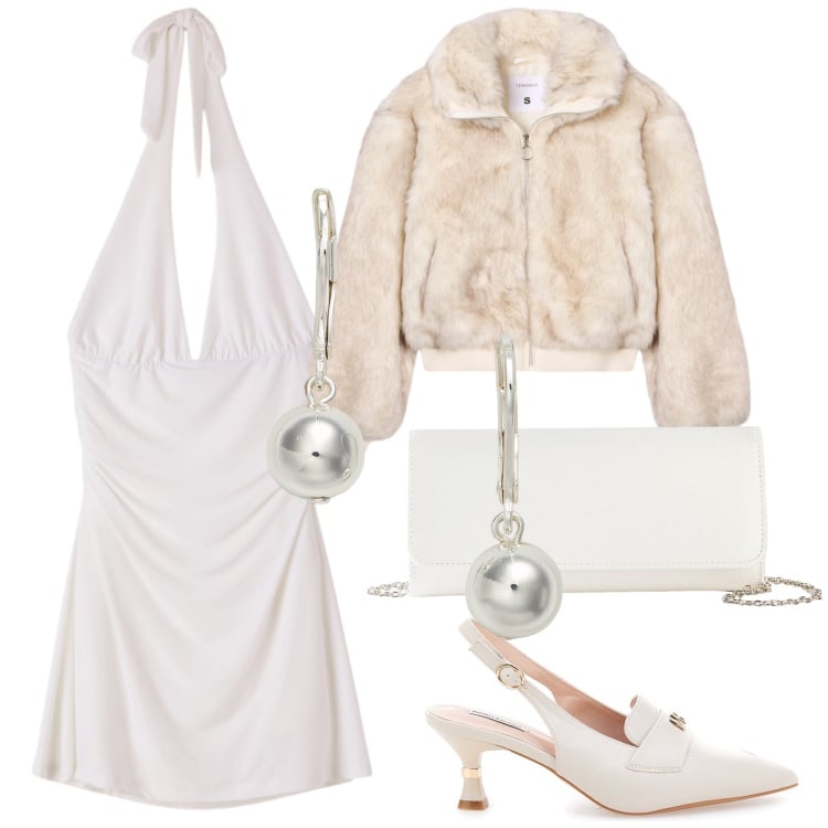 Outfit donna - Pelliccia eco per la sposa. Stile Trendy per Cerimonia. Abbinamento con pochette, ecopellicce, vestiti corti, orecchini, décolleté.