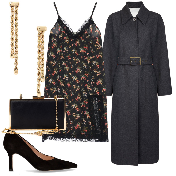 Outfit donna - Trench e abito a sottoveste. Stile Glamour per Serata fuori. Abbinamento con pochette, vestiti midi/longuette, orecchini, cappotti, décolleté.