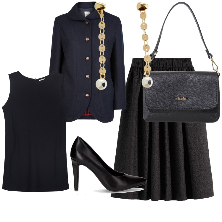 Outfit donna - Appuntamento. Stile Bon Ton per Serata fuori. Abbinamento con gonne lunghe, orecchini, borse a tracolla, blazer, top, décolleté.