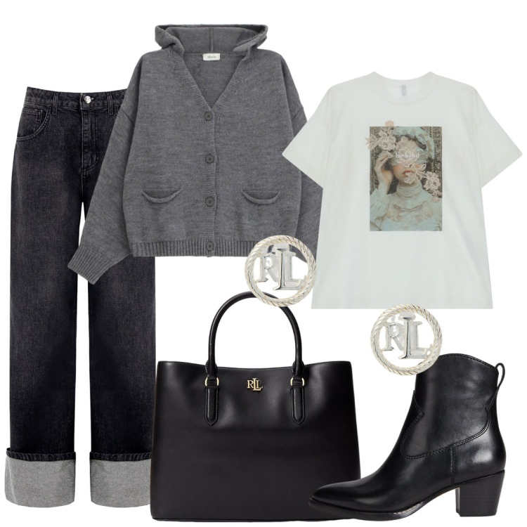 Outfit donna - Buongiorno. Stile Casual chic per Ufficio. Abbinamento con jeans, cardigans, t-shirt, borse a mano, orecchini, stivaletti.