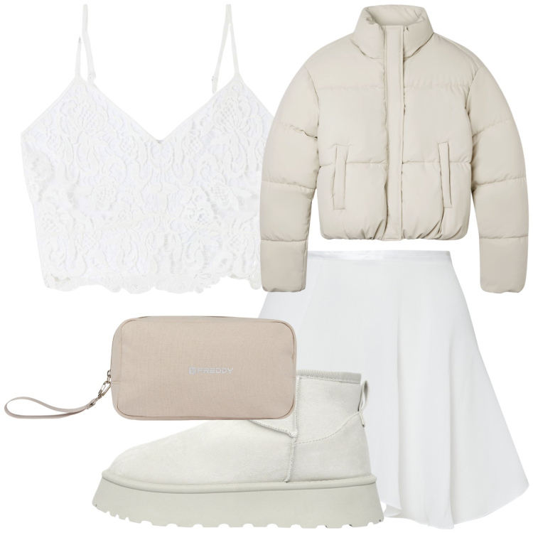 Outfit donna - Sabato sera in montagna. Stile Trendy per Serata fuori. Abbinamento con stivaletti, bomber, top, valigie, minigonne.