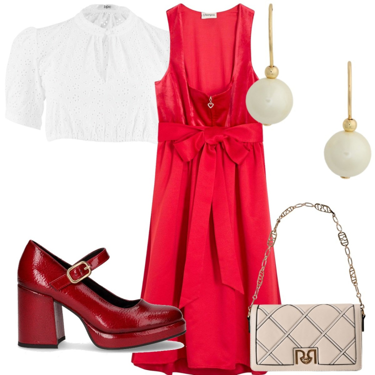 Outfit donna - Autunno in rosso: glamour curvy. Stile Glamour per Tutti i giorni. Abbinamento con camicie, vestiti midi/longuette, borse a tracolla, orecchini, décolleté.