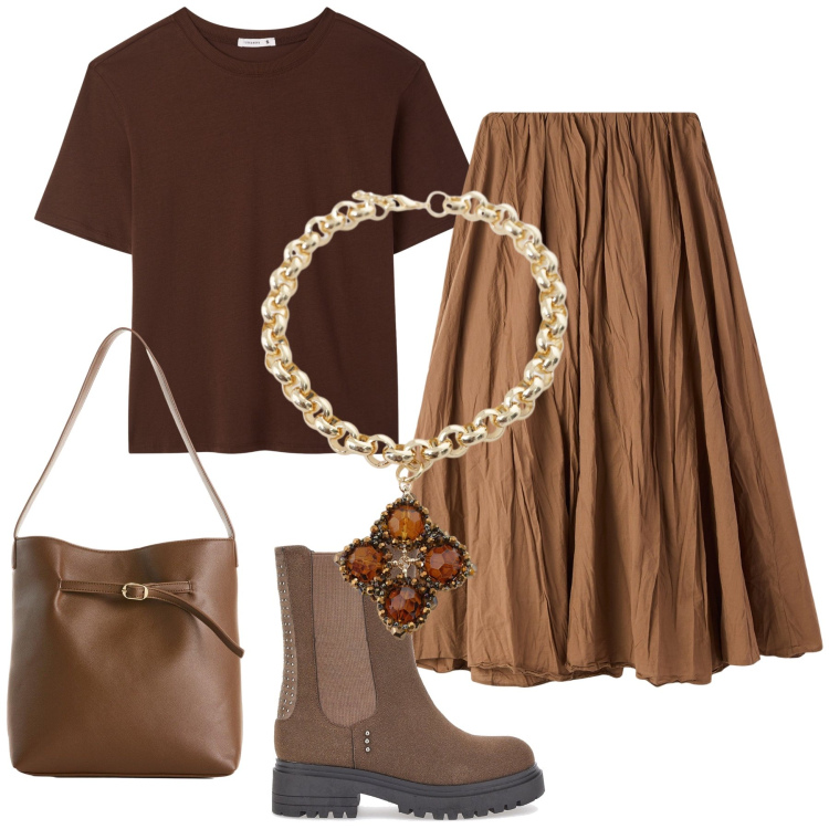 Outfit donna - Caffè con amici. Stile Urban per Tutti i giorni. Abbinamento con borse a mano, gonne lunghe, t-shirt, collane, stivaletti chelsea.