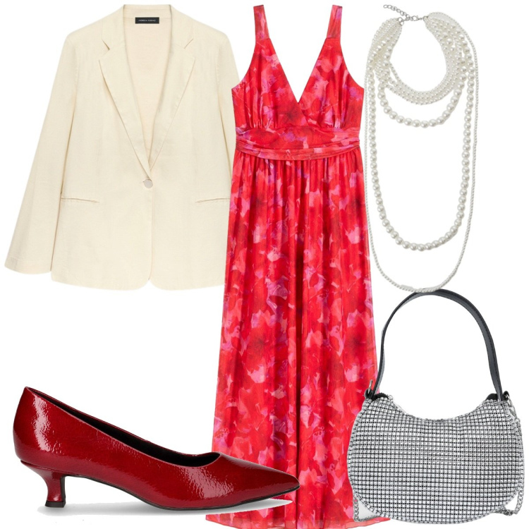 Outfit donna - Autunno in rosso: cerimonia trendy. Stile Trendy per Cerimonia. Abbinamento con vestiti lunghi, borse a spalla, collane, blazer, décolleté.