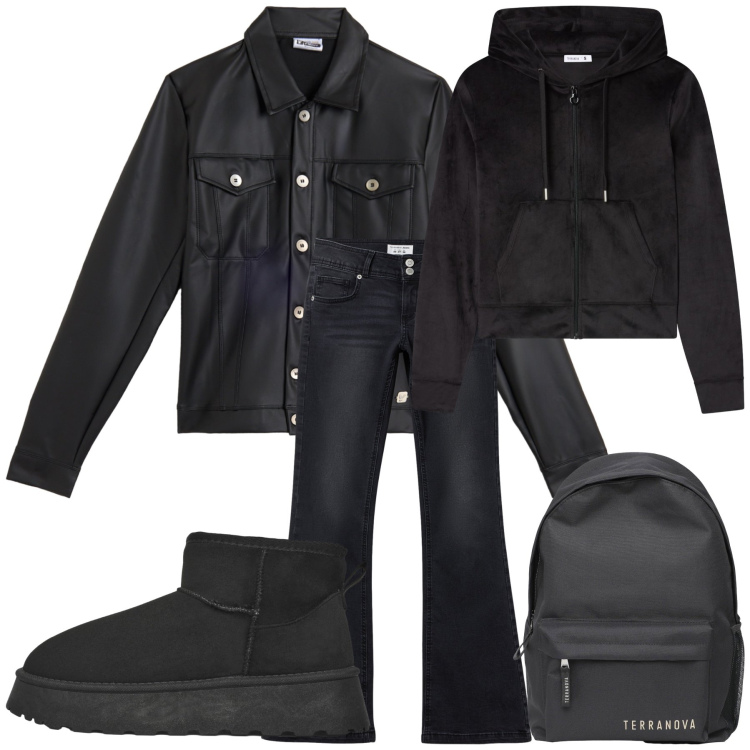 Outfit donna - Weekend. Stile Basic per Tutti i giorni. Abbinamento con zaini, jeans a zampa, stivaletti, felpe con cappuccio, giacche.