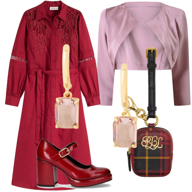 Outfit donna - Rosa e rosso un po’ boho. Stile Boho per Cerimonia. Abbinamento con vestiti midi/longuette, bolero, pochette, orecchini, décolleté.