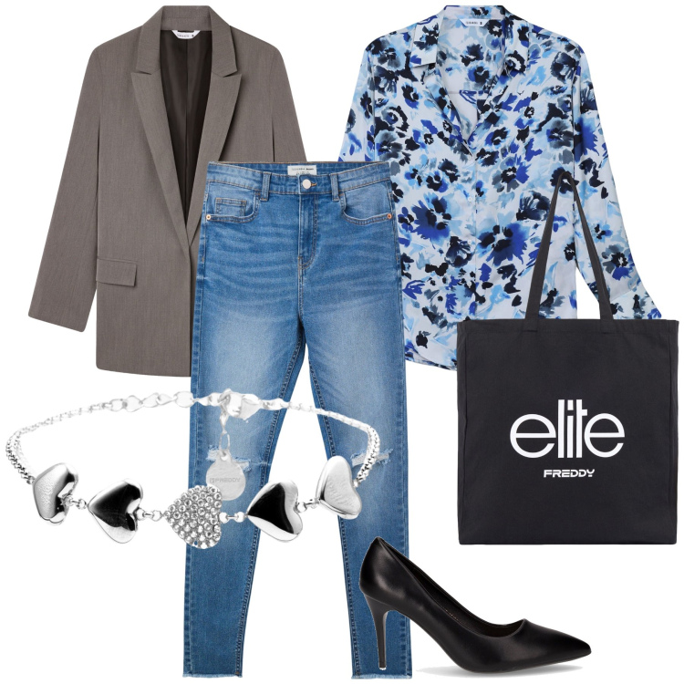 Outfit donna - La camicia a fiori. Stile Urban per Ufficio. Abbinamento con jeans strappati, camicie, blazer, shopping bag, braccialetti, décolleté.