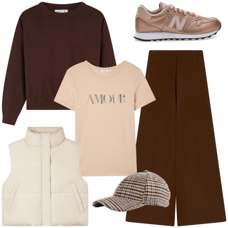 Outfit donna - Sporty chic. Stile Sporty chic per Tutti i giorni. Abbinamento con cappelli con visiera, pantaloni, felpe, t-shirt, piumini, sneakers.