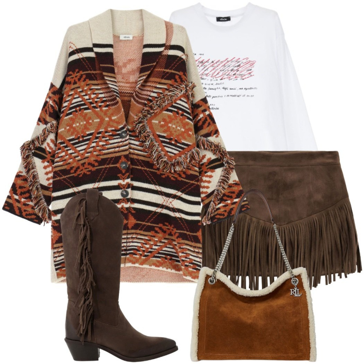 Outfit donna - Gonna e stivali. Stile Glamour per Serata fuori. Abbinamento con t-shirt, cappotti, minigonne, stivali, borse tote.