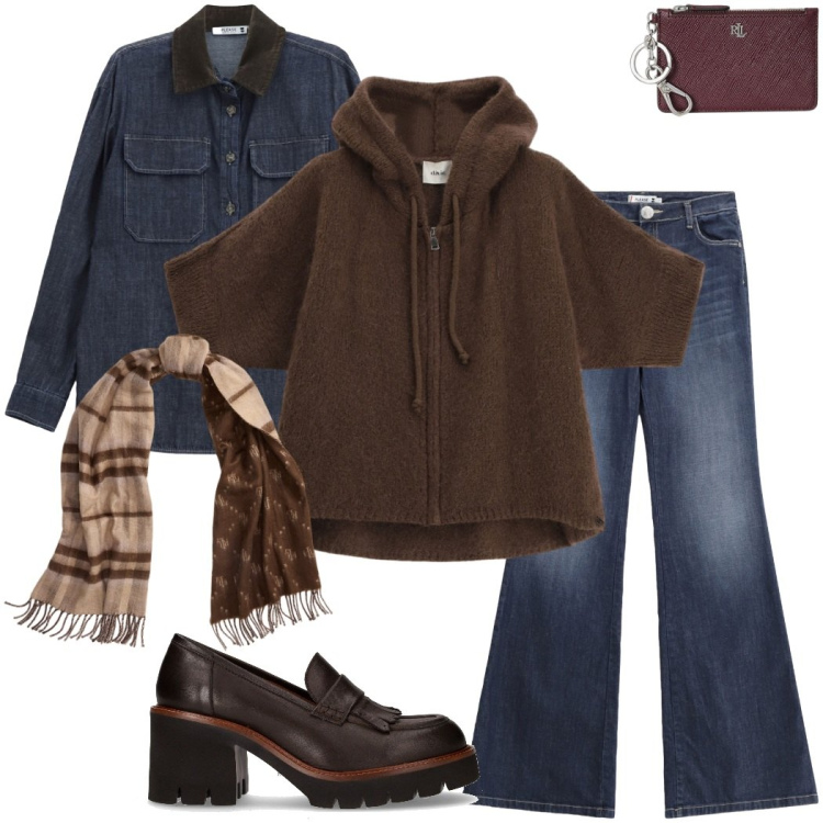 Outfit donna - Maglioni avvolgenti. Stile Casual chic per Ufficio. Abbinamento con jeans a zampa, camicie, cardigans, sciarpe, portafogli, décolleté.