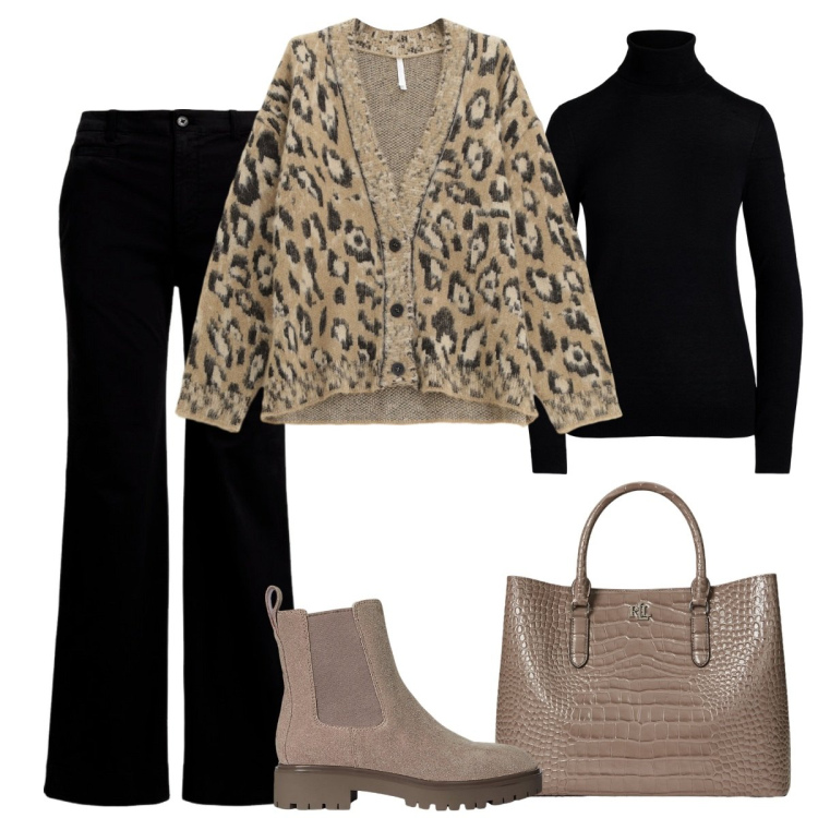 Outfit donna - Semplice per l\'ufficio. Stile Basic per Ufficio. Abbinamento con cardigans, pantaloni, stivaletti chelsea, borse a mano, maglieria.