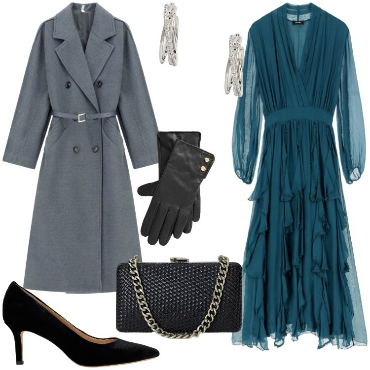 Outfit donna - Ottanio Power. Stile Chic per Cerimonia. Abbinamento con cappotti, vestiti midi/longuette, orecchini, clutch, décolleté, guanti.