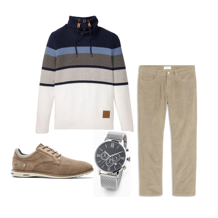 Outfit homme - Octobre. Style Casual pour Bureau. Assortir avec chaussures à lacets, bracelets, pantalon , pulls.