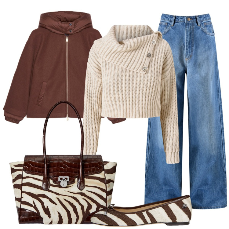 Outfit donna - Zebrato. Stile Basic per Tutti i giorni. Abbinamento con jeans, maglieria, ballerine, borse a mano, bomber.