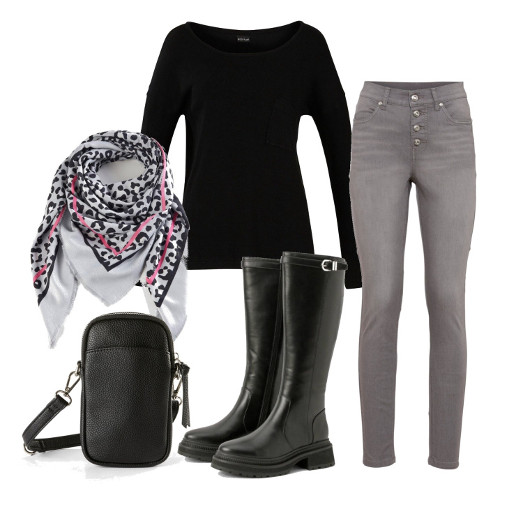 Outfit femme - Octobre. Style Basique pour Tous les jours. Assortir avec jeans, pulls, pochette, foulards, bottes.