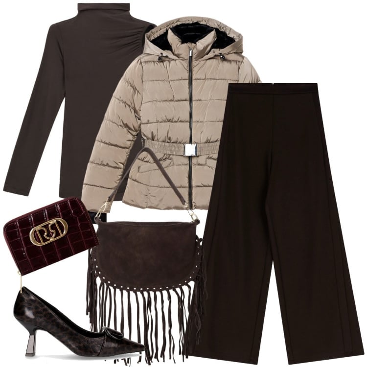 Outfit donna - Total look #2258481. Stile Urban per Tutti i giorni. Abbinamento con piumini, borse a tracolla, portafogli, pantaloni a palazzo, pullovers, décolleté.