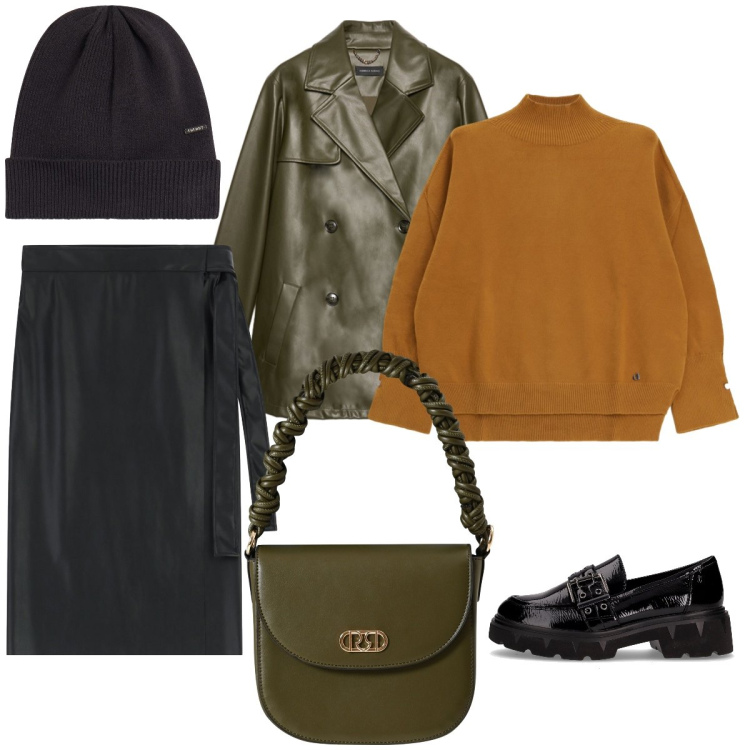 Outfit donna - Autunno in città. Stile Urban per Tutti i giorni. Abbinamento con maglieria, gonne longuette, borse a mano, berretti, mocassini, giacche.
