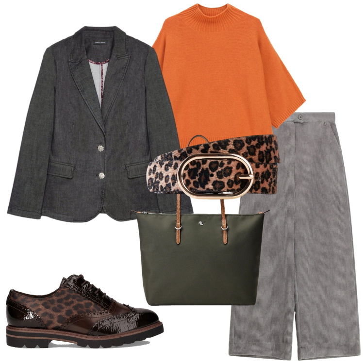 Outfit donna - Inizia il freddo. Stile Trendy per Ufficio. Abbinamento con cinture, maglieria, pantaloni a palazzo, borse tote, scarpe stringate, blazer.