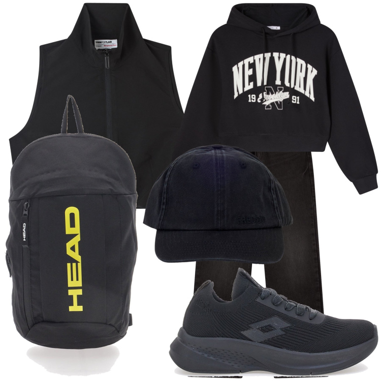 Outfit donna - Qualche giorno a New York. Stile Basic per Tutti i giorni. Abbinamento con top, felpe con cappuccio, jeans dritti, cappelli con visiera, sneakers, zaini.