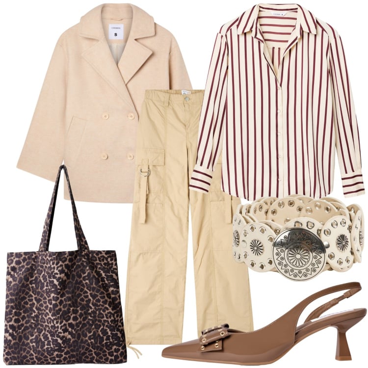 Outfit donna - Sabato in Terranova. Stile Urban per Tutti i giorni. Abbinamento con cinture, shopping bag, camicie, caban, pantaloni cargo, décolleté.