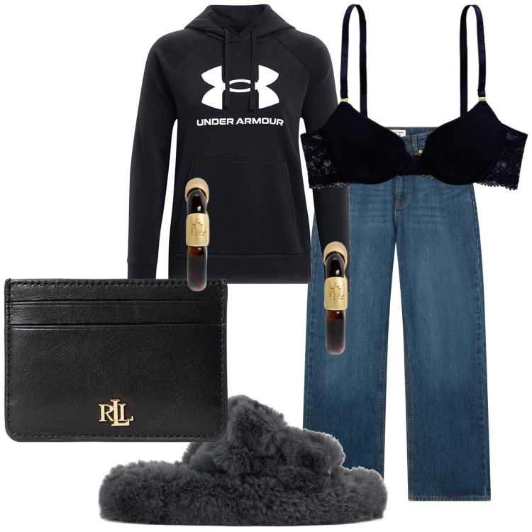 Outfit donna - Sabato a casa. Stile Basic per Tutti i giorni. Abbinamento con jeans, portafogli, orecchini, reggiseni, ciabatte, felpe con cappuccio.