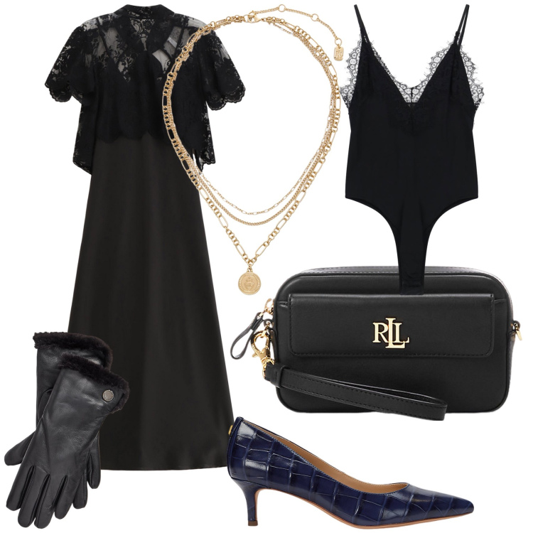 Outfit donna - Sabato sera di ottobre. Stile Chic per Serata fuori. Abbinamento con vestiti lunghi, body, pochette, ciondoli, décolleté, guanti.