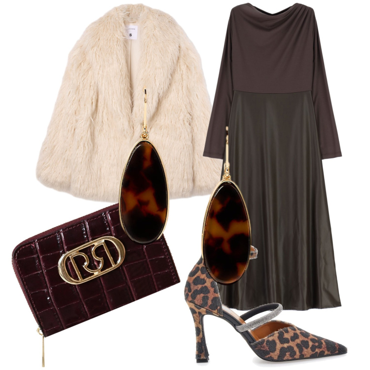 Outfit donna - Invitata. Stile Trendy per Cerimonia. Abbinamento con ecopellicce, portafogli, vestiti lunghi, orecchini, décolleté.