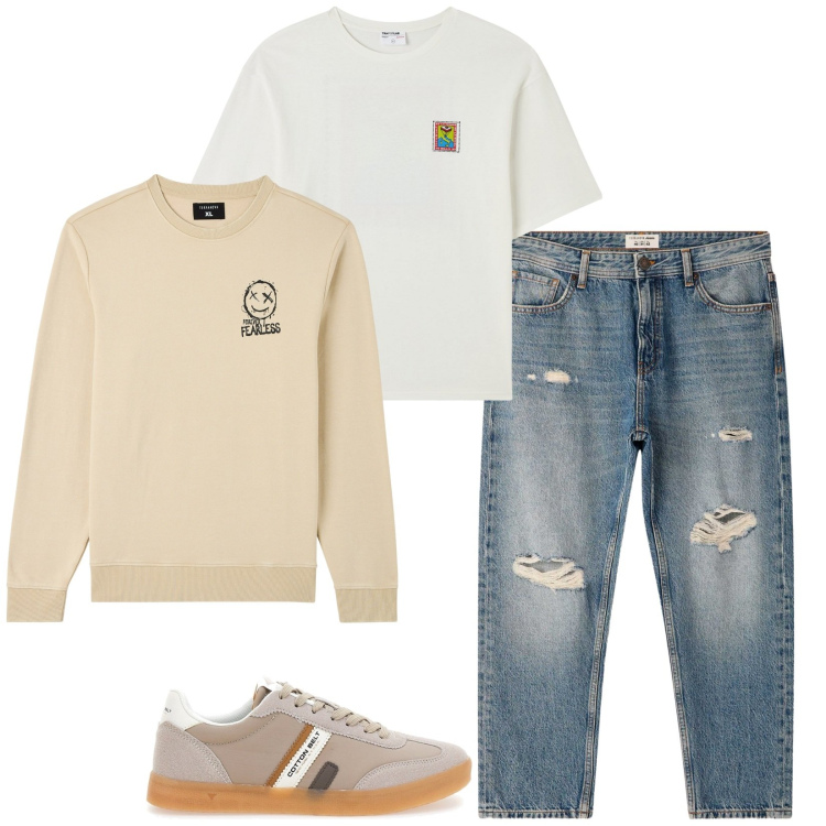Outfit uomo - Saturday. Stile Casual per Tutti i giorni. Abbinamento con jeans strappati, felpe, t-shirt, sneakers.