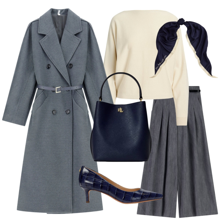 Outfit donna - Inizia il freddo. Stile Romantica per Tutti i giorni. Abbinamento con cappotti, pantaloni a palazzo, décolleté, borse a secchiello, foulard, maglieria.