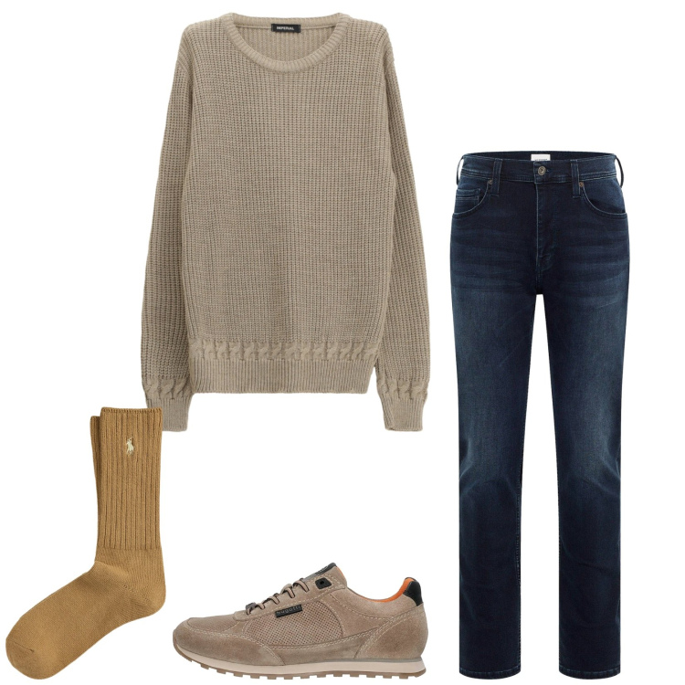 Outfit uomo - Pull and jeans. Stile Casual per Tutti i giorni. Abbinamento con jeans slim fit, maglieria, calzini, sneakers.