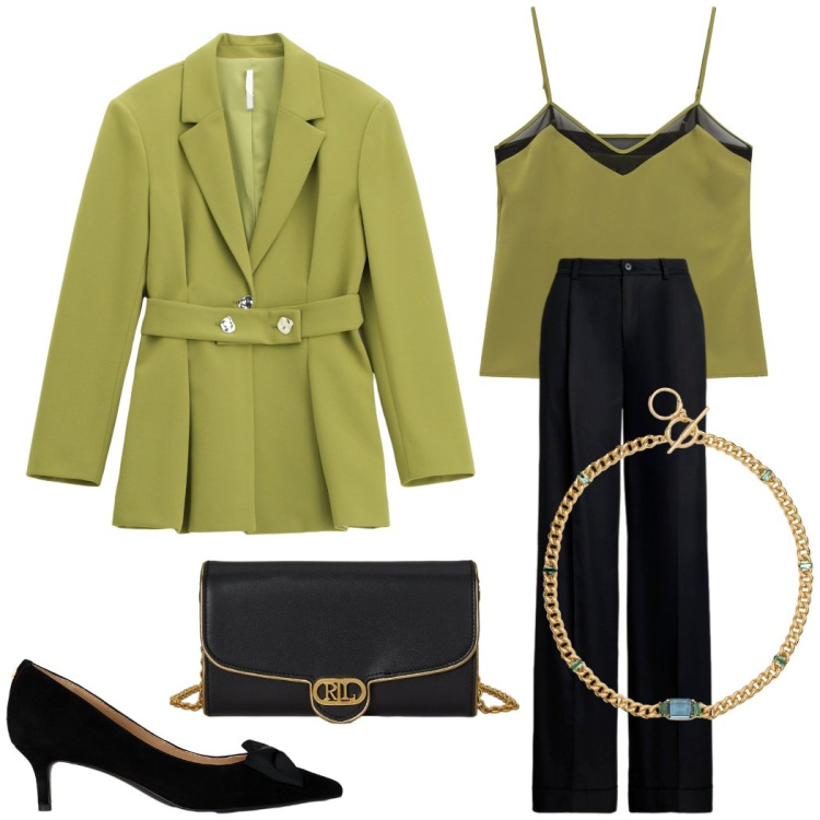 Outfit donna - La giacca strutturata verde acido. Stile Glamour per Cerimonia. Abbinamento con blazer, top, pantaloni, décolleté, borse a tracolla, collane.