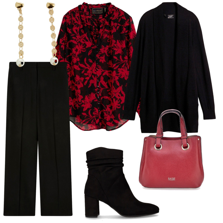 Outfit donna - Sabato mattina. per Tutti i giorni. Abbinamento con cardigans, camicie, orecchini, pantaloni a palazzo, stivaletti, borse a mano.