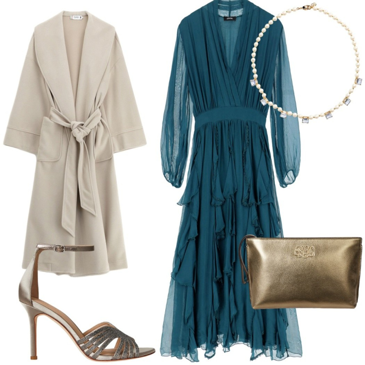 Outfit donna - Il vestito romantico color ottanio. Stile Glamour per Serata fuori. Abbinamento con cappotti, vestiti midi/longuette, pochette, collane, sandali gioiello.